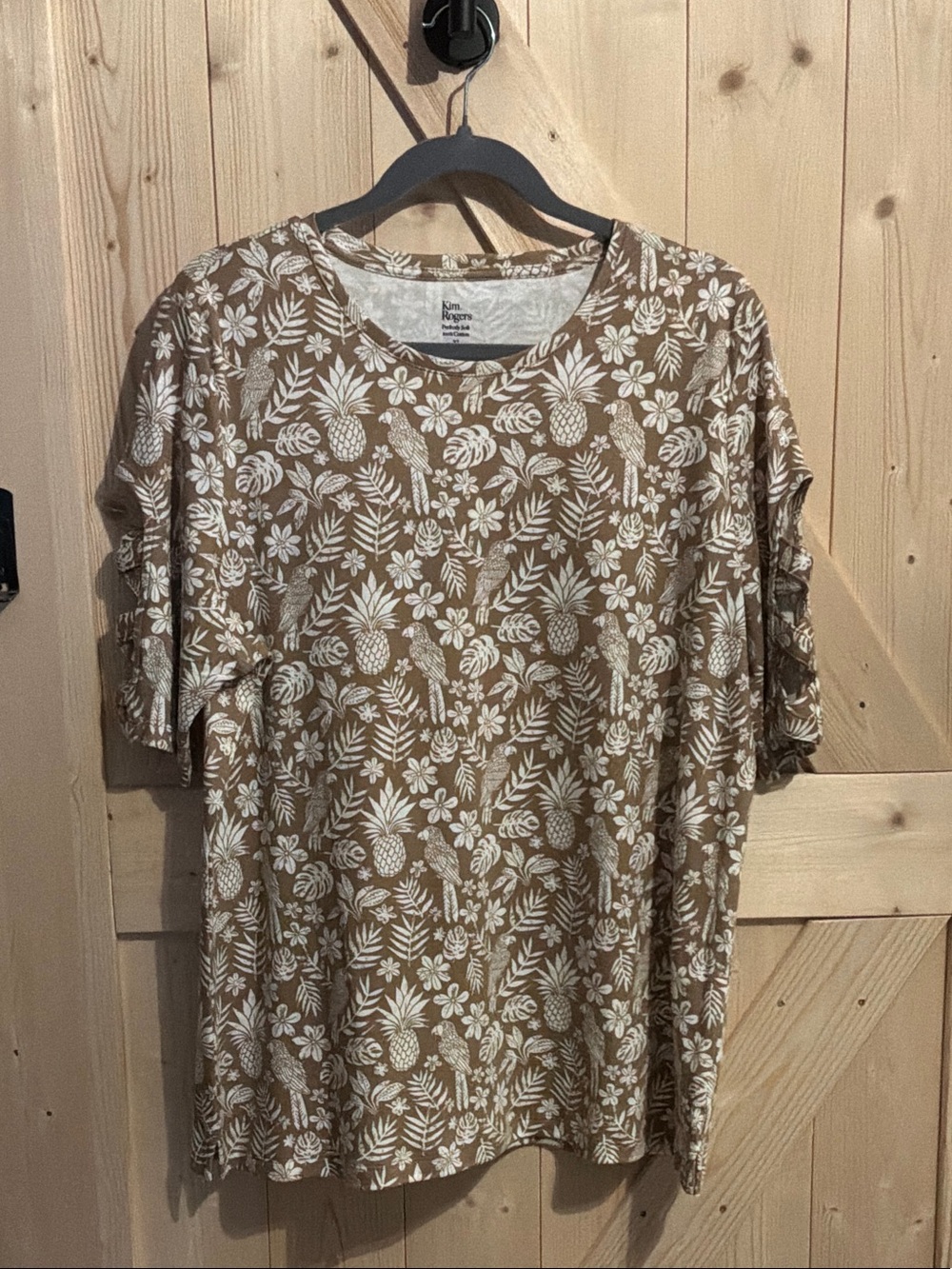 Kim Rogers Tan Tee with White Tropical Print